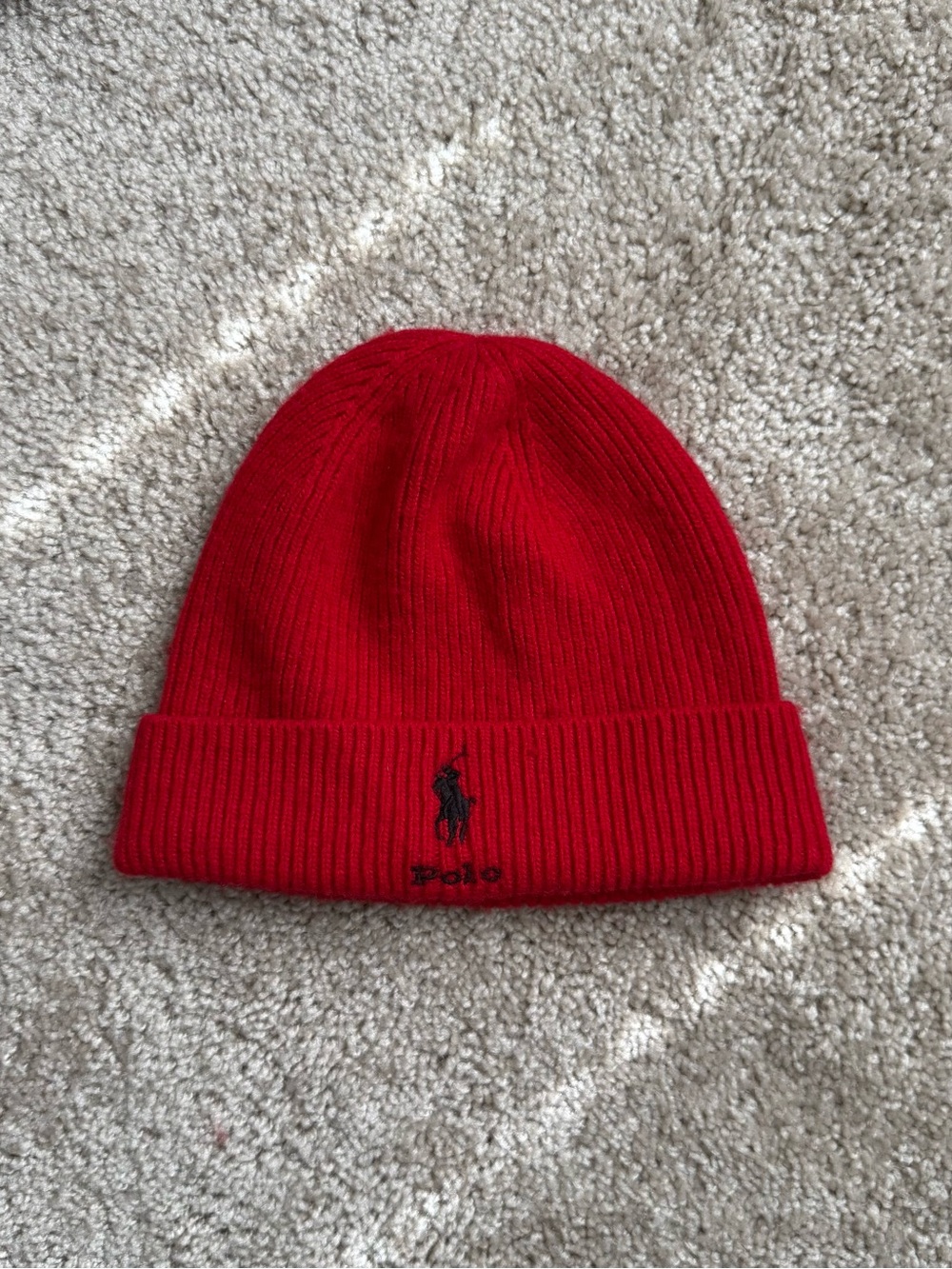 Ralph Lauren Red Ribbed Cuffed Beanie with Black Polo Logo